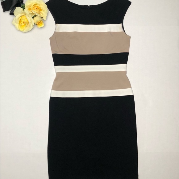 White House Black Market Sleeveless White & Tan Striped Stretch Sheath Dress - Picture 3 of 7